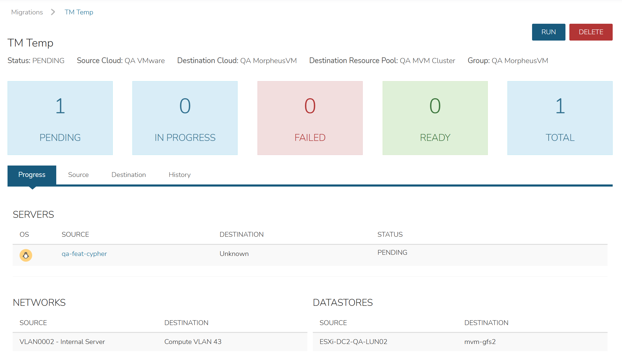The migration detail page showing a migration in a pending state.