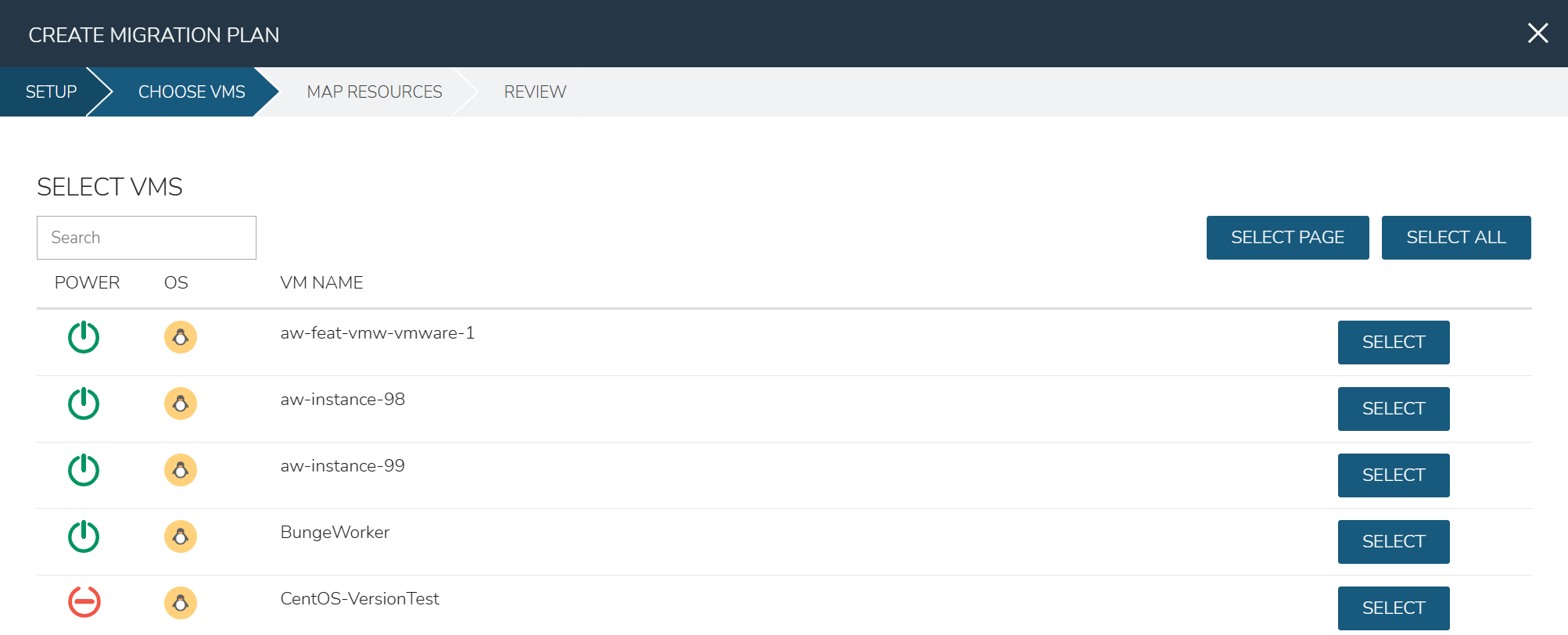 Selecting source VMs to migrate from the source VMware Cloud.