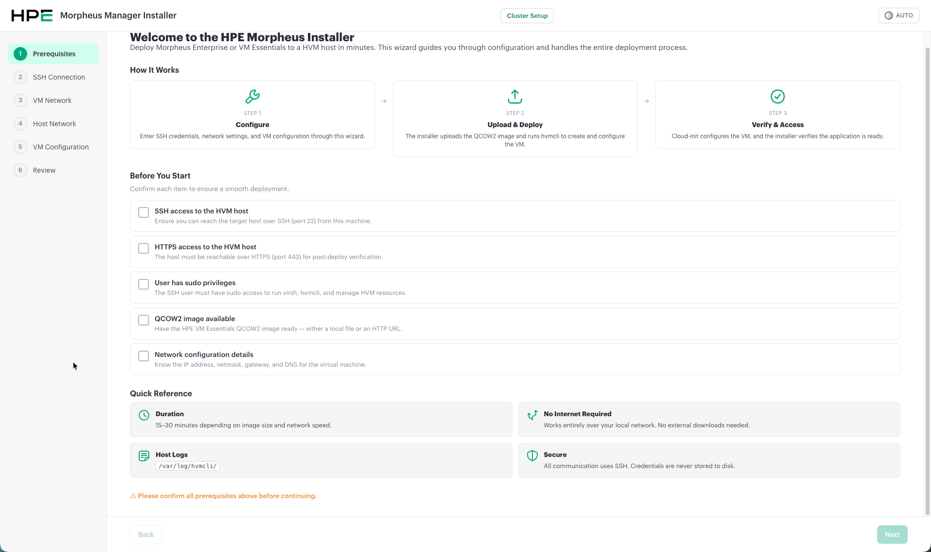 HPE Morpheus Installer - Prerequisites screen