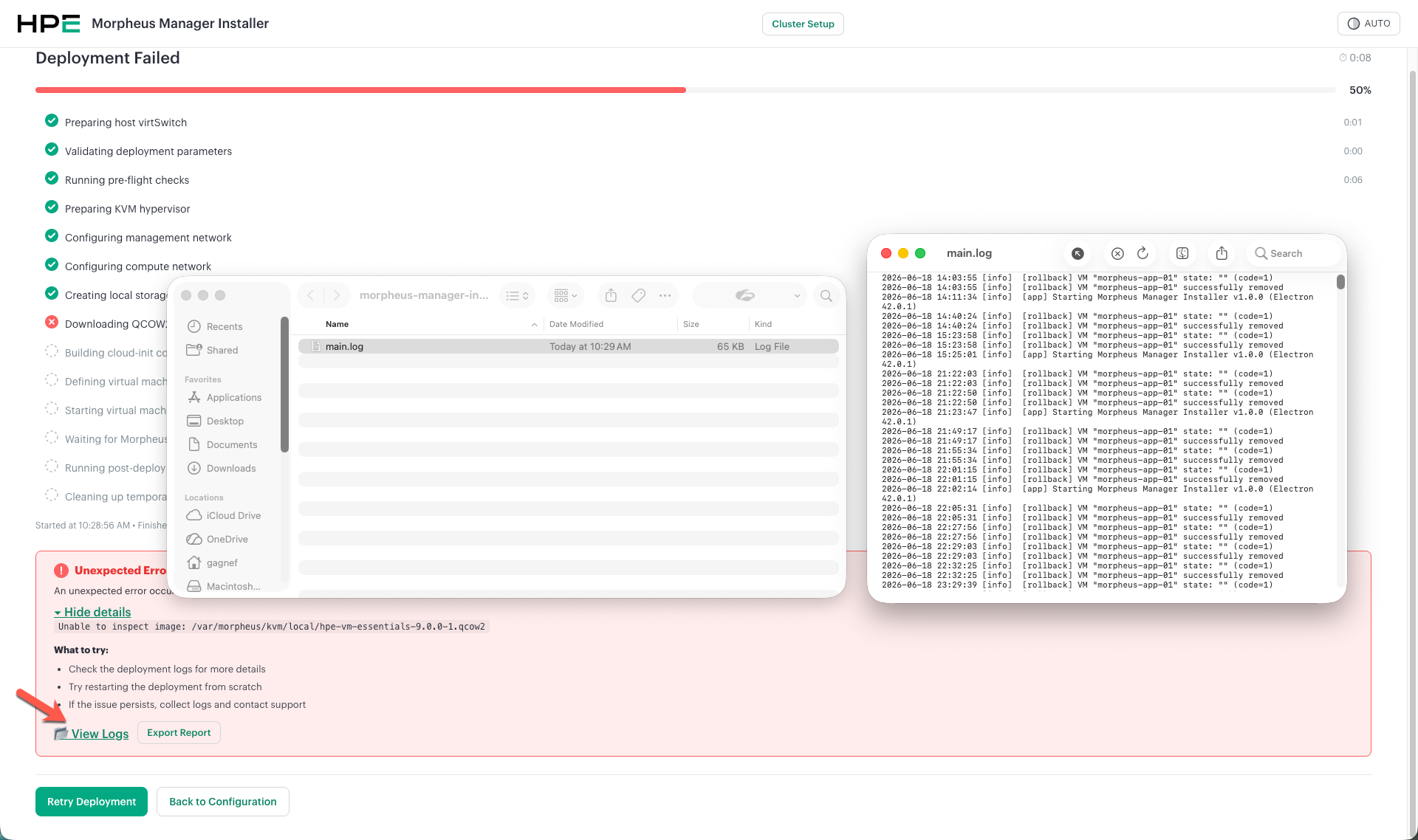 HPE Morpheus Installer - Viewing deployment logs