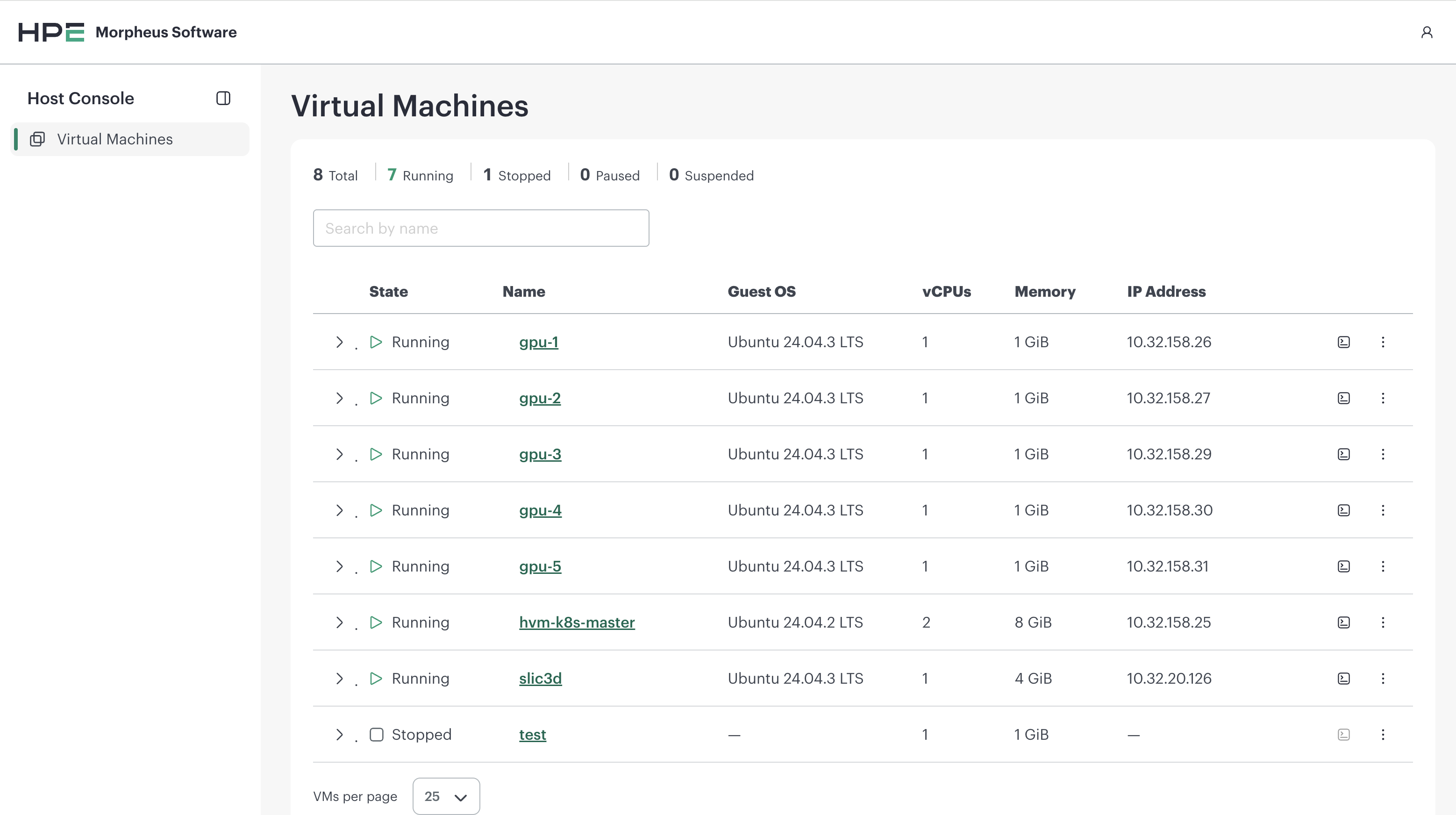 Virtual Machines list with host-wide counts and per-VM rows