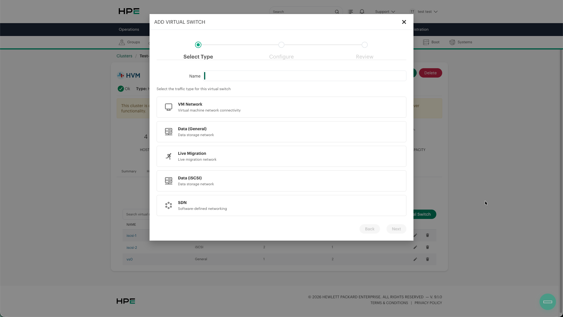Add Virtual Switch - Select traffic type