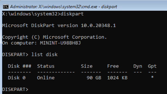 Enter diskpart command line tool and list disks