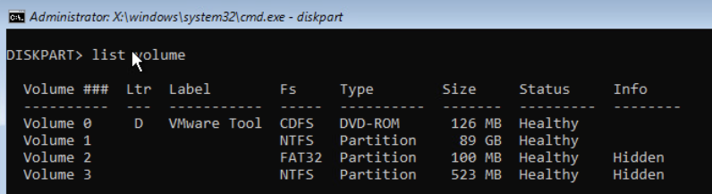 Listing volumes in diskpart